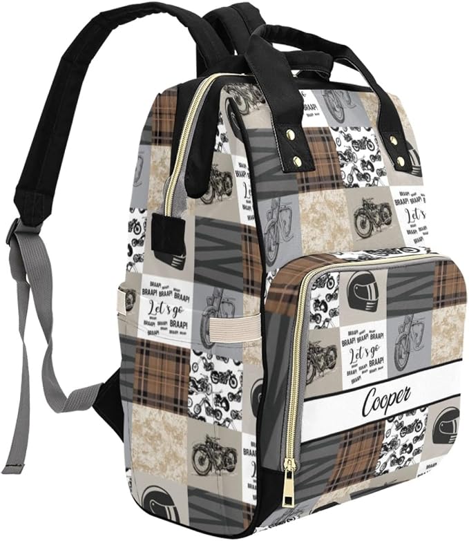 Custom Diaper Bag for Women, Personalized Name Multifunction Nylon Nursing Mommy Daypack with Large Capacity for Travel, Birthday Mother Gift (Motorcycle)