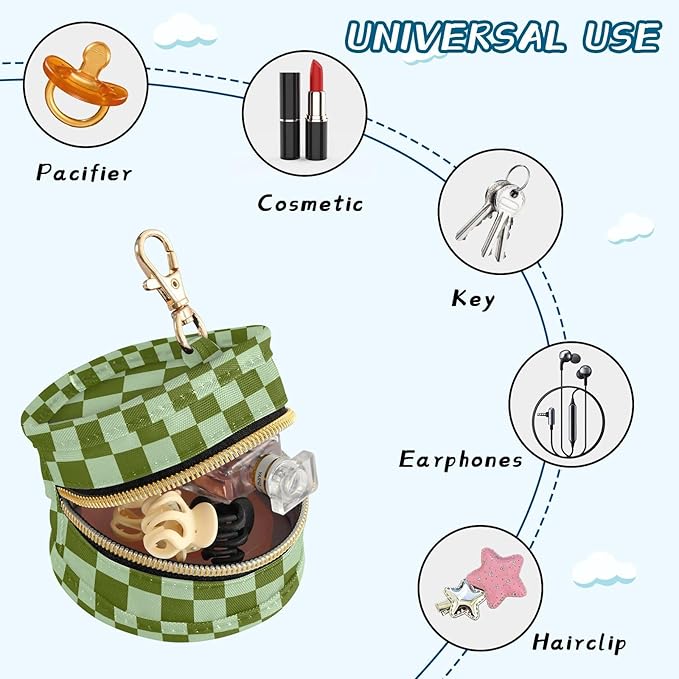 Green Checkerboard Plaid Pacifier Holder Case Newborn Pacifier Storage Pouch for Boys Girls Easy Attach to Diaper Bag Portable Baby Essentials Container