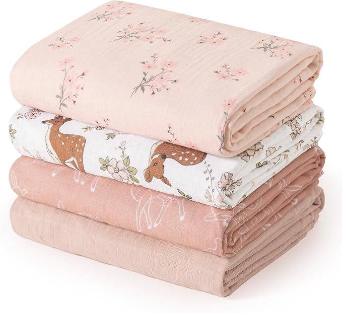 david's kids 4 Pack Baby Muslin Swaddle Blankets, 100% Cotton and Ultra Soft Breathable Receiving Blanket Wrap for Girls, New Born Essentials, Large 47 x 47 inches, Animals & Floral