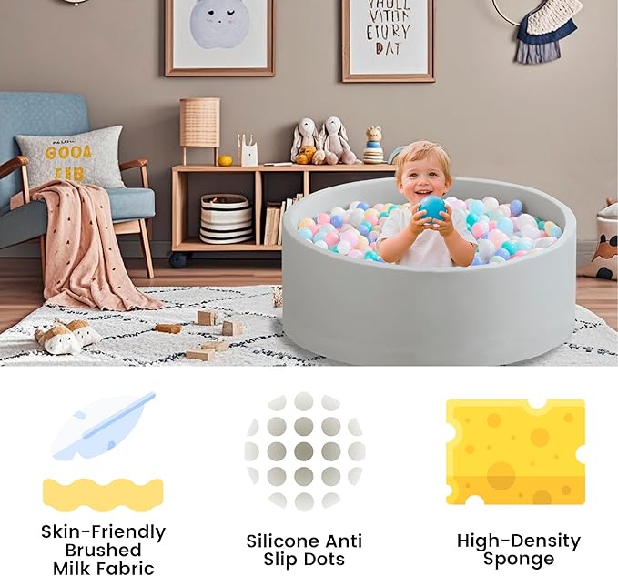 Zedachica Ball Pit for Toddlers 35.43''x11.81 Baby Ball Pits Soft Memory Foam Ball Pit Round Kids Ball Pit Indoor Game Kids Play Ball Pool Ideal Gift for Girls and Boys (Grey, NO Balls)