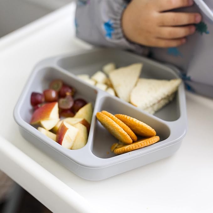 Tiny Twinkle Silicone Suction Baby Plate, Suction Grip Divided Dish for First Foods and Self-Feeding Toddlers, Baby Led Weaning Supplies for Independent Eating (Grey Plate)