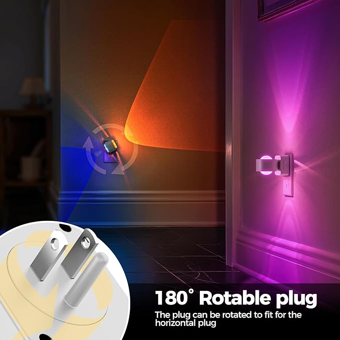 Briignite Night Light Projector, RGB Color Changing Night Light for Kids, 180° Rotating Night Lights Plug into Wall, Dusk to Dawn Sensor, RGB Ambient Lighting for Gaming Room Gifts, White, 2 Pack