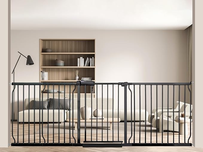 Extra Wide Baby Gate 85.8-90.5 Inch, Pressure Mounted No Drilling, for Stairs & Doorways, Metal Black Indoor Safety Gate for Kids and Dogs