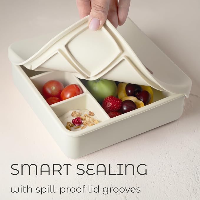 ASOMIC® Large Silicone Bento Box, 5 Compartments, Leakproof Lunch Container, BPA-Free, Microwave & Dishwasher Safe, For Work, School & Travel (Ivory)