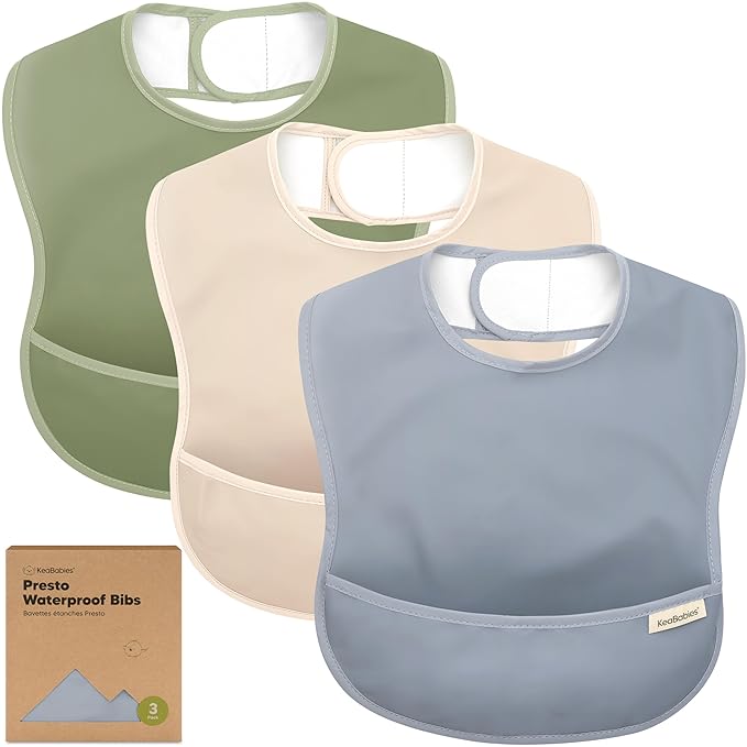 KeaBabies 3-Pack Waterproof Baby Bibs for Eating - Lightweight Toddler Feeding Bibs with Large Food Catcher, Mess Proof, Food-Grade Baby Eating Essentials, Easy to Put On & Clean (Slate)