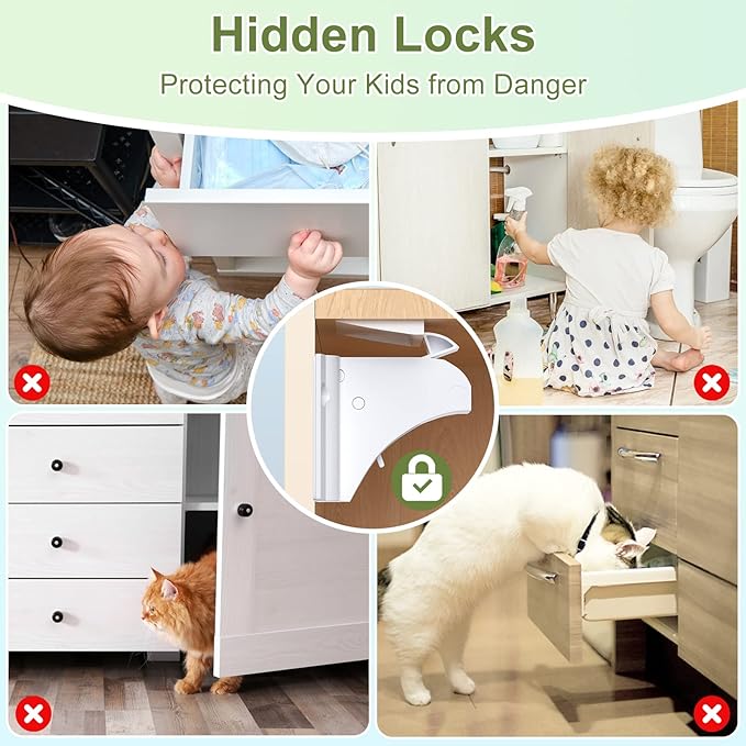 Child Safety Magnetic Cabinet Locks 4 Pack-AOSITE Baby Proofing Magnetic Drawer Locks for Kitchen with Adhesive No Drilling or Screws Fixed, Baby Safety Cabinet Locks