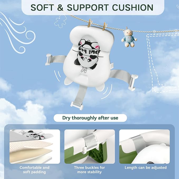 Foldable Baby Bathtub for Newborn to Toddler (0-24 Months), Portable Baby Bath Tub for Travel, Collapsible Baby Tub with Soft and Supportive Cushion (Panda-Green)