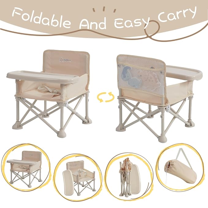 Portable Baby Chair,Portable 3-in-1 Baby Booster Seat with Tray,Folding Toddler High Chair for Travel,Camping, Home & Dining, Easy to Clean & Store, Safe with Child Safety Belt Carry Bag(White)