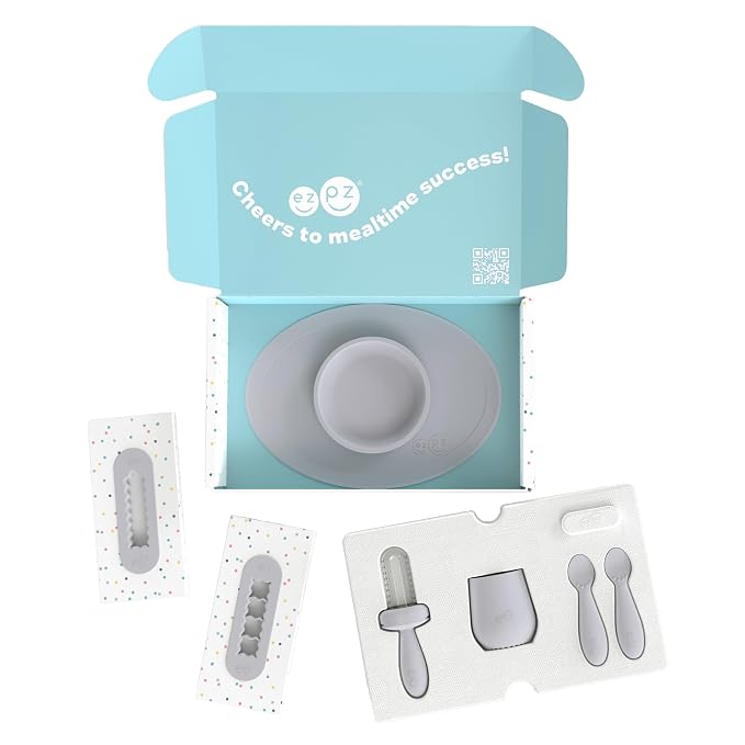 ezpz Kit 2: Learn to Eat and Drink (Pewter) - Tools to Help Your Baby Practice Chewing, Sipping, and Self-Feeding - Start Solids + Baby-Led Weaning Safely - Shower Essentials & Gifts
