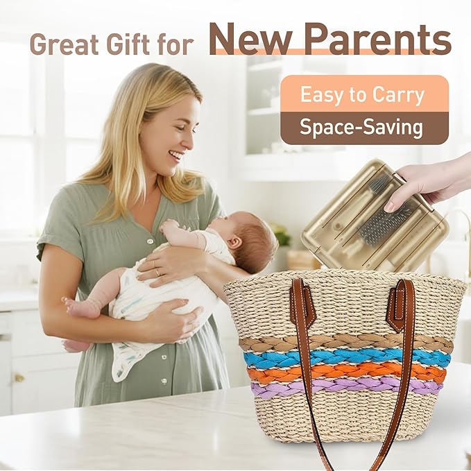 Baby Bottle Brush Set, 6-in-1 Travel Bottle Cleaning Kit with Silicone Bottle Brush, Nipple & Straw Brush, Soap Dispenser, Drying Rack, Storage Box ??Compact Travel Baby Essential for Home & On-The-Go