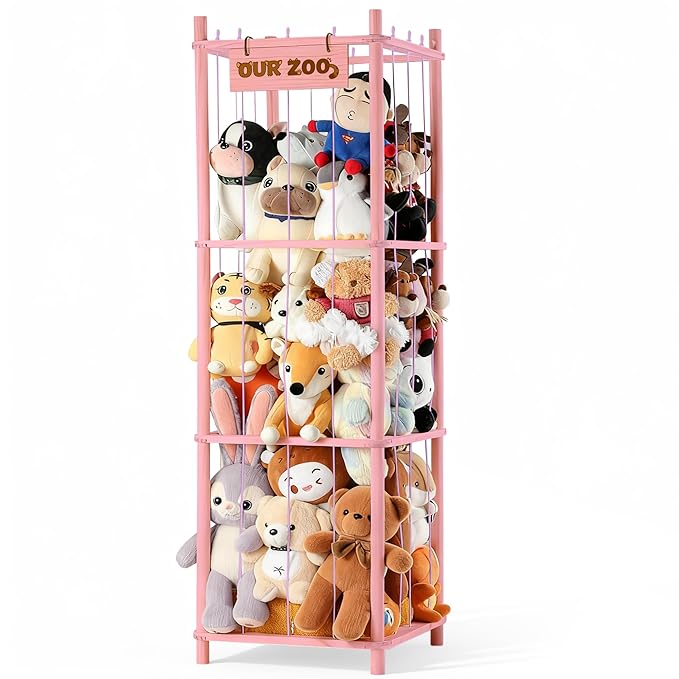 LAMU Stuffed Animal Storage, Wooden Zoo Stuffed Animal Holder with Elastic Cords, Space Save Toy Organizer, Extra Large Capacit Stuffed Animal Organizer for Playroom, Bedroom, Nursery, Pink