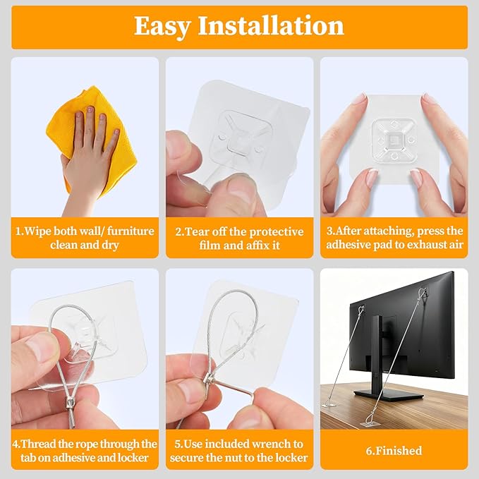 6 Pack Adjustable TV Safety Straps Stainless Steel, No-Drill Adhesive Anti-Tip Furniture Wall Anchors for Baby Proofing, Secure Flat Screens to TV Stand, Wall, Cabinet Or Desk