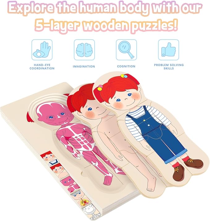 Wooden My Body Puzzle for Toddlers & Kids, Girls Montessori Anatomy Puzzle Kid Play Set, Preschool Game Learning Human Body Skeleton Toys for Kids Ages 3-5