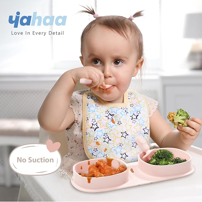 Silicone Foldable Novelty Dinner Plates, Baby Plates Travel Essential with Forks and Spoons, Microwave & Dishwasher Safe, Blush