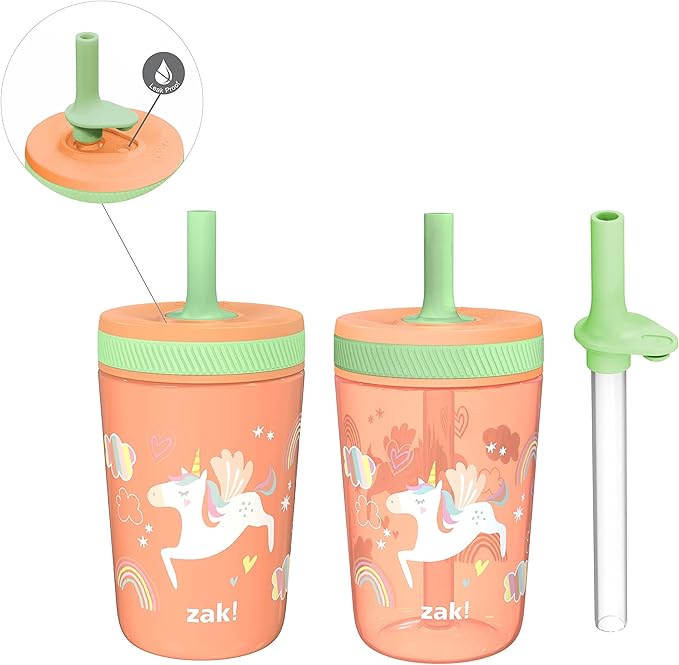 Zak Designs Unicorn Kelso Tumbler Set,Leak-Proof Screw-On Lid with Straw, Bundle for Kids Includes Plastic and Stainless Steel Cups with Bonus Sipper, 3pc Set, Non-BPA