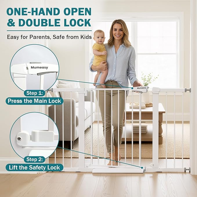 Mumeasy 29.7??8" Baby Gate for Stairs, Dog Gate for Doorways, Auto Close Child Gate, Indoor Safety Pet Gate with Walk Thru Door, Easy Install Pressure Mounted Extra Wide Gate for Kitchen, House,White