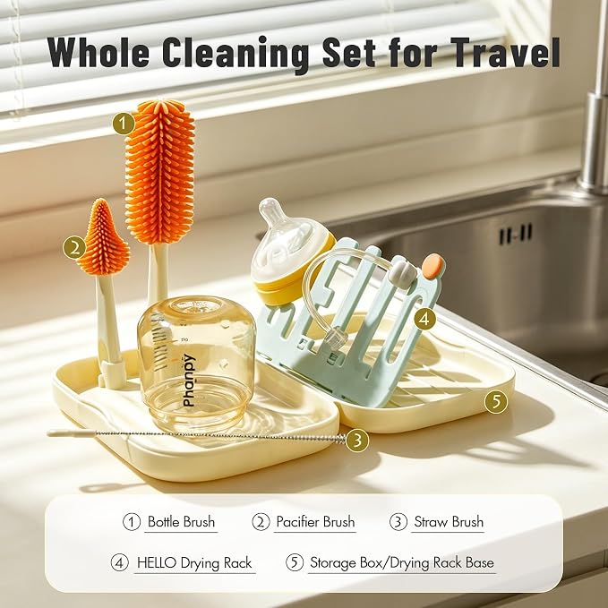 Phanpy Traveling Bottle Brush Set Portable Baby Bottle Cleaner Kit with Silicone Brush, Nipple Brush, Straw Brush, Drying Rack, Storage Box for Home and Travel