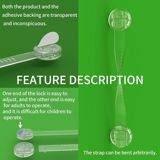 Baby Proof Cabinet Locks, Safe Quick and Easy Transparent Drawer Door Latches, Adjustable No Drilling Child Safety Cabinet Straps for Fridge, Oven, Dishwasher, Toilet Seat (L, Count, 9)