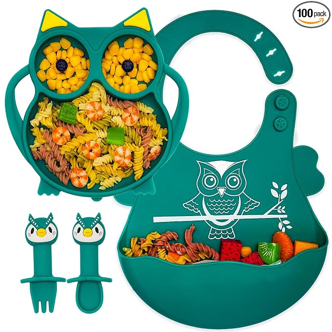 Baby Toddler Silicone Suction Plate with Spoon&Fork And Adjustable Bib Set,Silicone Baby Feeding Utensils Set，Baby Toddler Led Weaning Supplies Set-Blue Owl