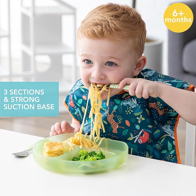 Bumkins Toddler and Baby Suction Plate, Silicone Divided Grip Dish for Babies and Kids, Baby Led Weaning, Children Feeding Supplies, Non Skid Sticky Bottom, Ages 6 Months Up, Green Jelly