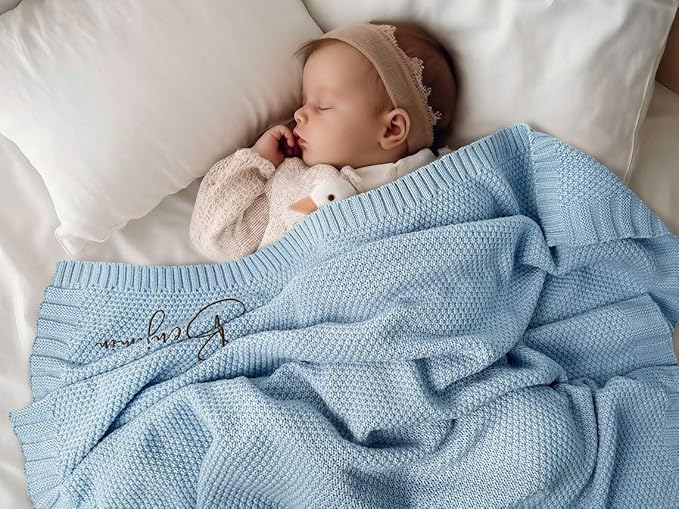 Embroidered Baby Blanket, Custom Name Blanket for Toddler, Personalized Knit Blankets for Baby, Stroller Blanket 30x40 cm (Cotton, Pale Pink)