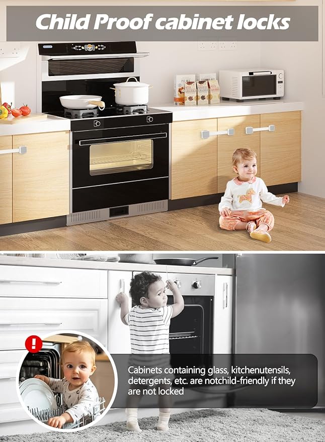 2 Pack Baby Proofing Safety Locks Child Safe for Cabinet Drawer Fridge Oven Dishwasher Doors, Toilet Seat & Lid, Adjustable Furniture Latches and Straps, 3M Adhesive No Drilling Button,Unlock Design