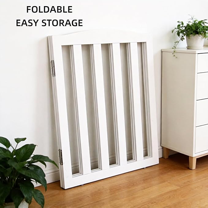 ZJSF Foldable Freestanding Indoor Dog Gate for House Wood White Long Pet Gates Dog Fence for Stairs Puppy Gates for Hallways,Pet Fence, Puppy Gate,Support Feet Included 32 "Height-6 Panels