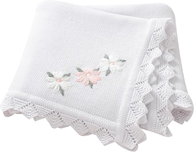 LAWKUL Baby Blanket 100% Traceable Cotton Knit Receiving Blankets Soft Swaddle for Newborn Boy Girls 40"x30" White Floral