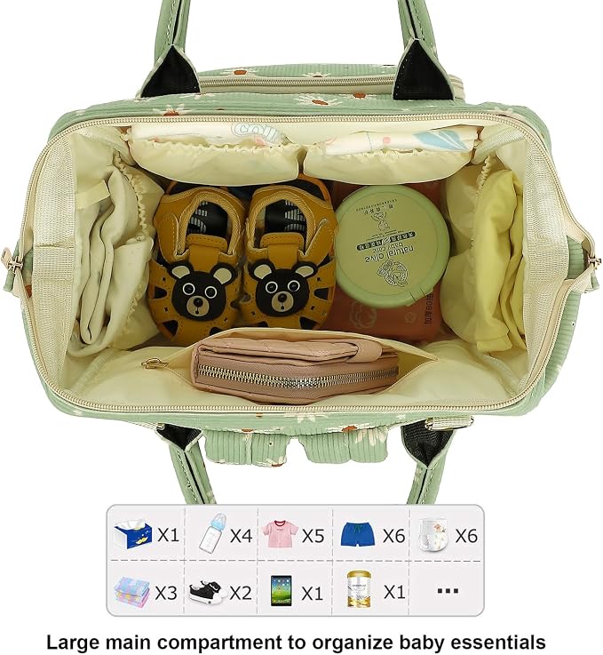 Corduroy Diaper Bag Backpack for Baby Girls Boys, Women Large Nappy Bags for Mom (Green Corduroy Daisy)