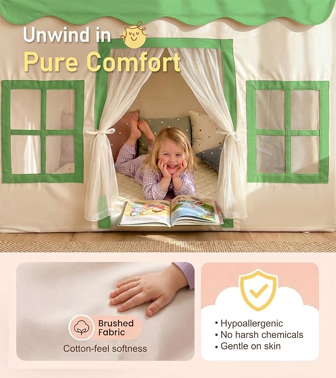Little Dove Kids Play Tent with Mat, Star Lights, Tassel Garland, Toddler Playhouse with Windows Easy to Wash, Indoor and Outdoor Play Tents for Kids, Toys for Girls, Boys, Birthday Gift, Green
