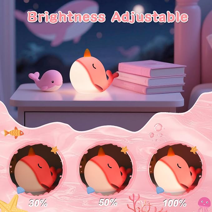 Whale Lamp, Narwhal Nursery Nightlight for Kids, Soft Silicone Animal Night Light with 3 Levels of Brightness & 30 Mins Timer, Whale Gifts for Girl Birthday Holiday Decoration