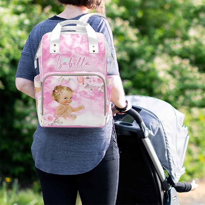 M YESCUSTOM Personalized Pink Diaper Bag Backpack with Name Custom Mommy Nursing Bag with Name for Women Wife