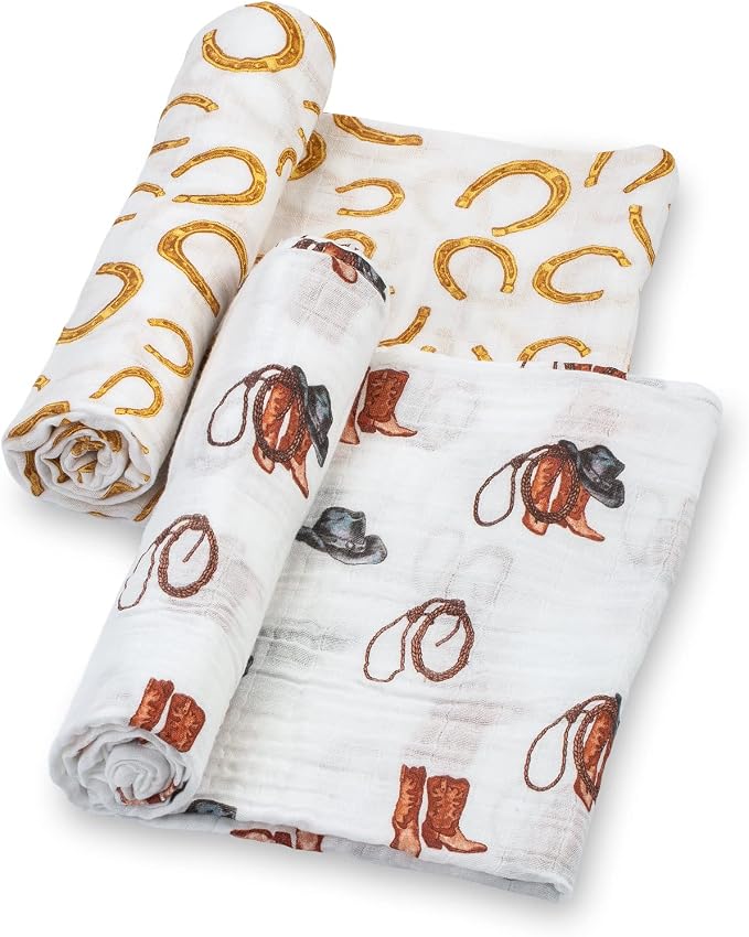 LollyBanks Muslin Swaddle Blankets for Boys, Large 47 x 47 Inches Swaddles for Newborns, 100% Cotton Breathable and Lightweight Baby Blanket, Baby Essentials, Registry (Cowboy and Horseshoe 2 Pack)