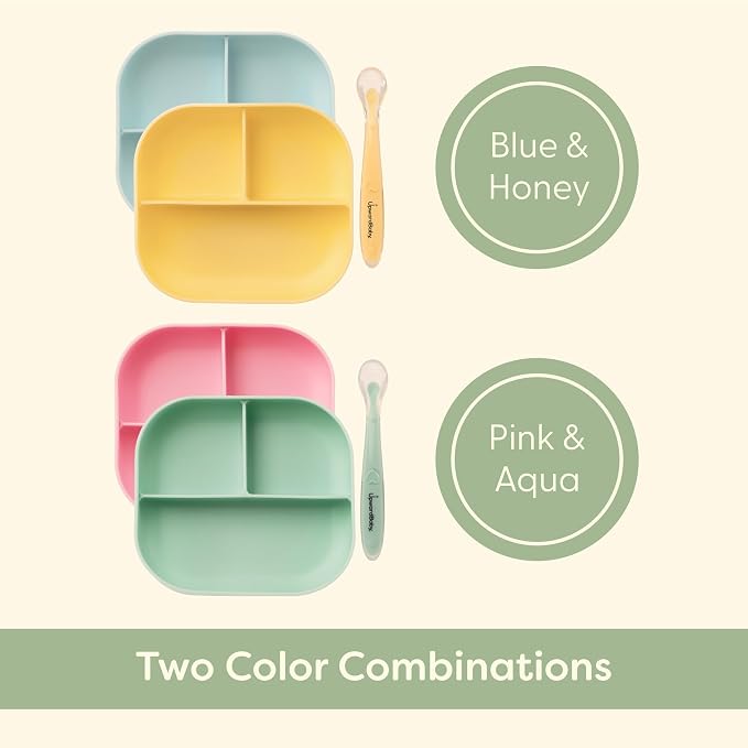 UpwardBaby 2 Pack Baby Plates and Spoon Set - Silicone Divided Suction Plates for Babies, Toddlers & Kids - Less Mess, Portion Food Plates Feeding Set - Non-Slip, Non-Toxic, BPA Free - Sage/Pink