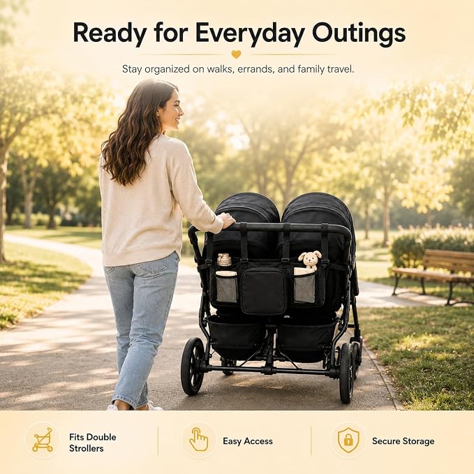 Double Stroller Organizer for Bob Duallie Baby Jogger City Mini GT2 Jeep,Adjustable Straps Universal Caddy Organizer with Cup Holders, Large Storage Accessory Bag