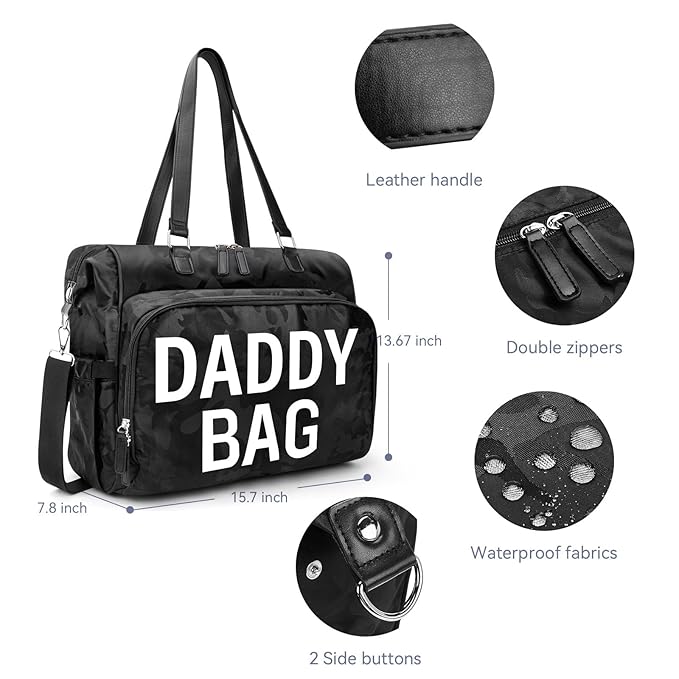 Pripher 4 in 1 Convertible Daddy Bag Backpack, Camo Black Diaper Backpack for Dad and Mom, Father's Bag for Hospital with DADDY Imprint, Baby Care Diaper Backpack & Tote with 14 Pockets