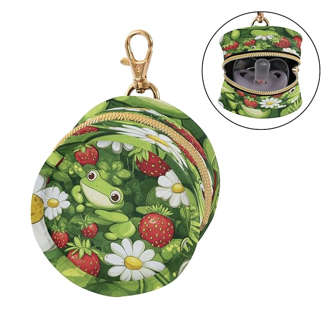 Pacifier Holder with Clip Pacifier Case for Diaper Bag Round Baby Pacifier Pouch Box Bag Portable Black Cute Frog and Strawberry Daisy