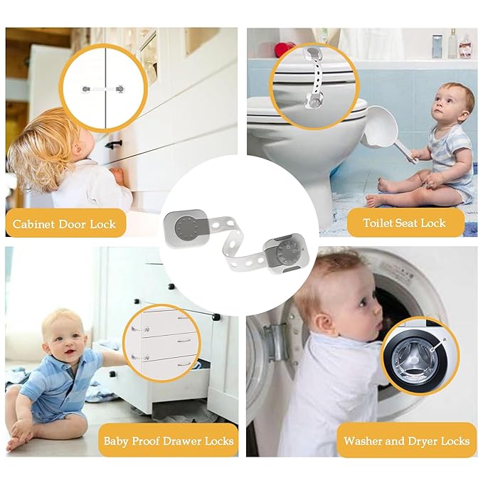 Fursafe&Q Child Safety Cabinet Locks, Baby Cabinet Locks Adhesive Adjustable Child Safety Strap Locks Drawer Fridge Ovens Toilet Latches No Screws for Furniture Kitchen White 2Pack
