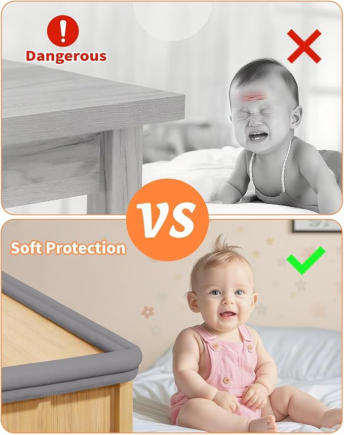 Edge Protector for Baby Proofing, 6.6FT 0.67?™’Th L-Shape Air Buffering Soft NBR Rubber Foam Furniture Edge Bumper Guards with 6 Corners, Pre-Taped, Thick Table Bumper Guard for Babies (Grey)