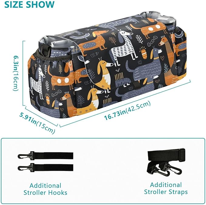 Dachshund Dogs Baby Stroller Organizer with 2 Cup Holders Universal Adjustable Shoulder Strap Detachable Stroller Caddy Accessories Bag for Bottle,Diaper,Phone, Keys,Toys