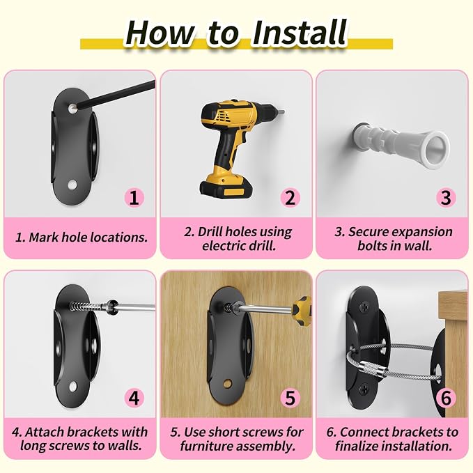 RORMGO Anti Tip Furniture Anchors (6 Packs) Furniture Anchors for Baby Proofing, Earthquake Straps for Furniture Dresser Wall Safety Anchor Furniture Safety Straps Wall Straps, Black