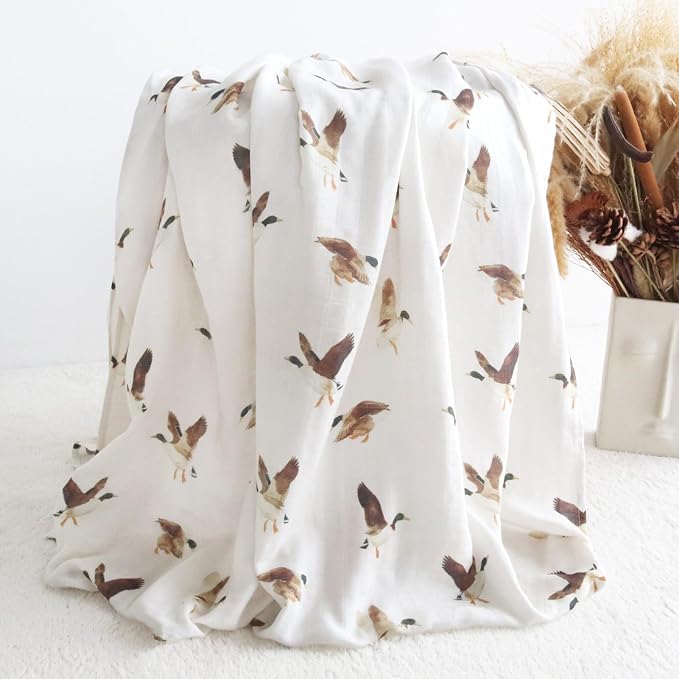LifeTree Baby Swaddle Blankets, Boys Girls Muslin Swaddling Wrap Receiving Blanket for Newborn, 70% Viscose from Bamboo and 30% Cotton, Large 47" x 47", Duck and Coffee Checkered