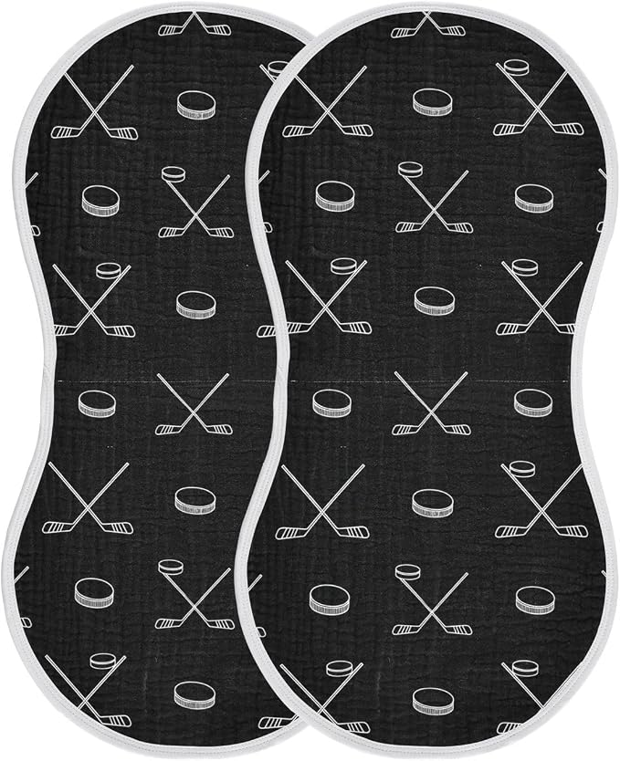 2 Pack Muslin Burp Cloths Ice Hockey Black Print Cotton Baby Burp Cloths Ultra Absorbent Burping Cloth Soft Spit Up Rags for Newborn Must Haves, Large 22" x 11"