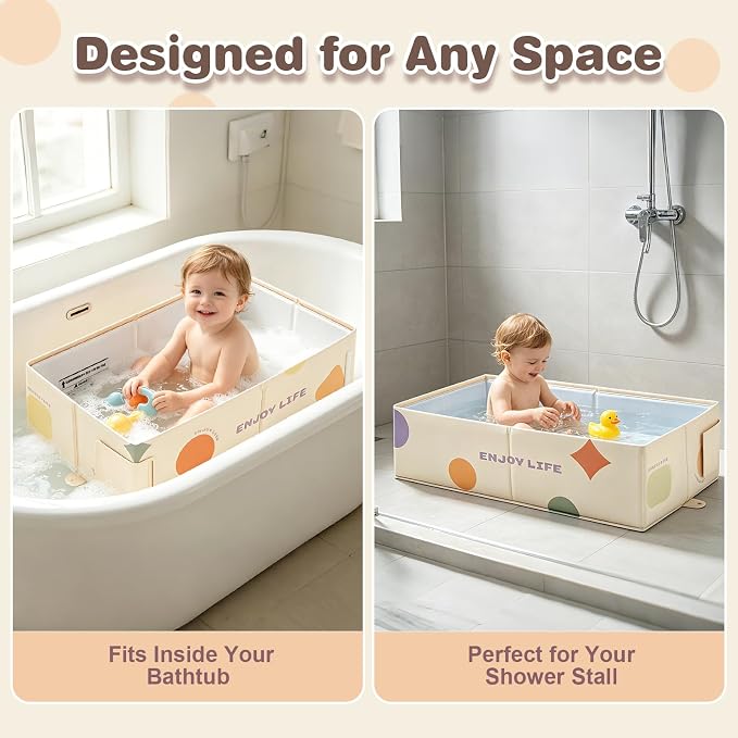 Toddler Bath Tub for Shower, Foldable Baby Bathtub, Portable Kids Bathtub & Collapsible Bathtub for Toddlers 1-8, Infant Newborn, Travel Baby Bath, Bañera para Bebé, White Dot