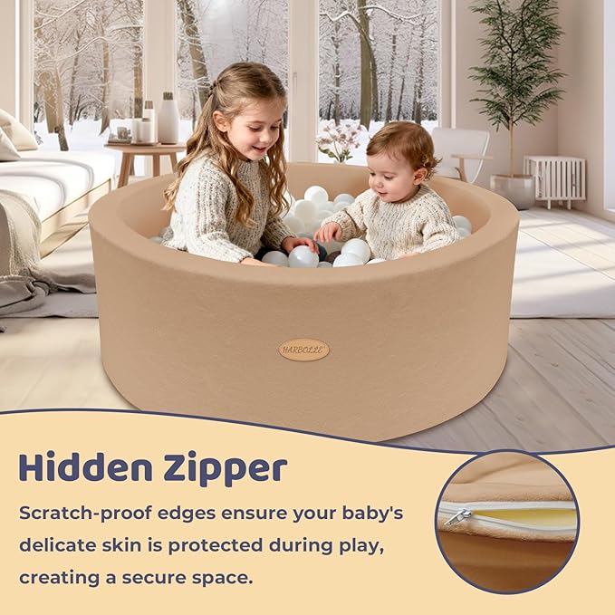HARBOLLE 35.4" Soft Fleece Ball Pit & Playpen for Toddlers & Babies, Indoor/Outdoor Kids Foam Play Center, for Boys & Girls, Brown