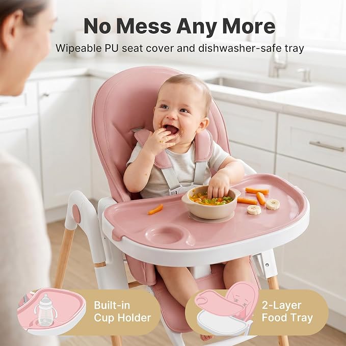 Baby High Chair, Convertible Folding Highchair with Dishwasher-Safe Tray, Adjustable Heights, 5-Point Harness, Portable Dining High Chairs for Babies and Toddlers (Wood Grain+Blush Pink)