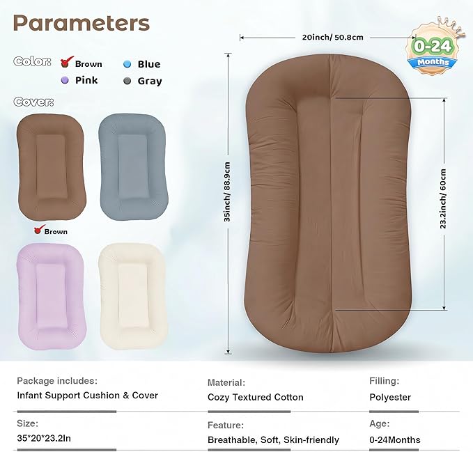 Infant Support Cushion - Baby Support Cushion for Newborn, 0-24 Months, Breathable Cotton Tummy Time Mat, Supervised Use, Portable Newborn Essentials for Home and Travel, Brown (Cover Included)
