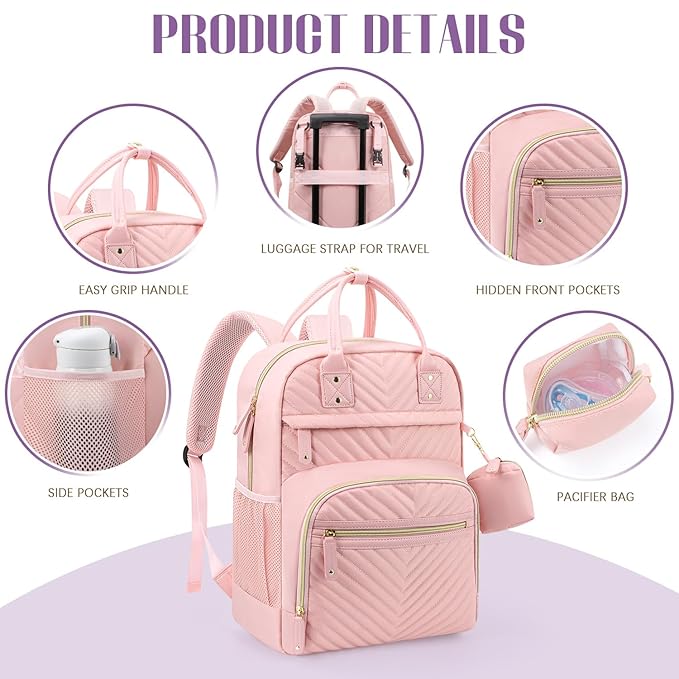 Tuwubi Diaper Bag Backpack with Changing Pad,Baby Essentials, Multi function Waterproof Backpack with Stroller Straps & Pacifier Case Light Pink