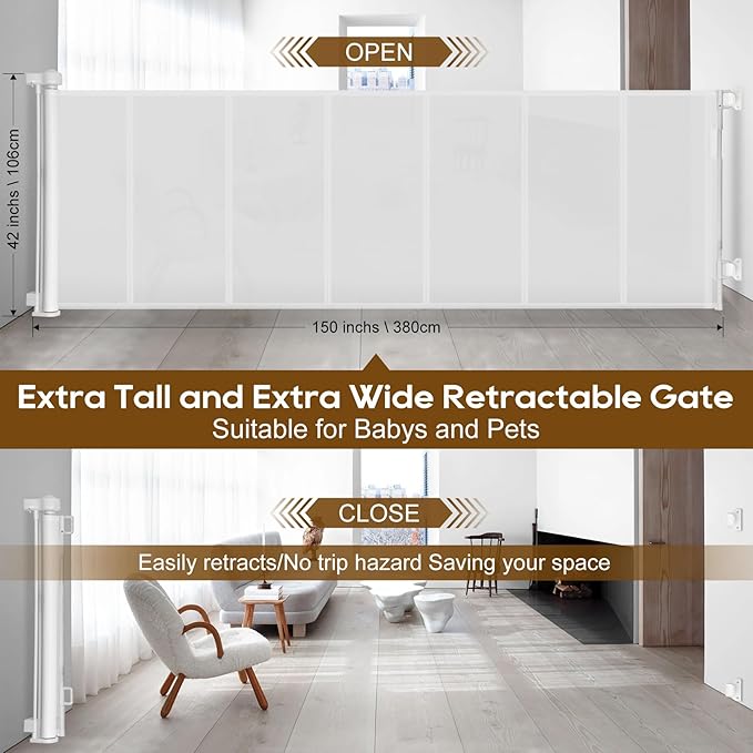 Miumoon 150 inch Retractable Baby Gates 42 inch Tall, Retractable Gate with Reinforced Strip Design to Prevent Crawling Through, 12 FT Extra Wide Retractable Dog Gate for Indoor/Outdoor