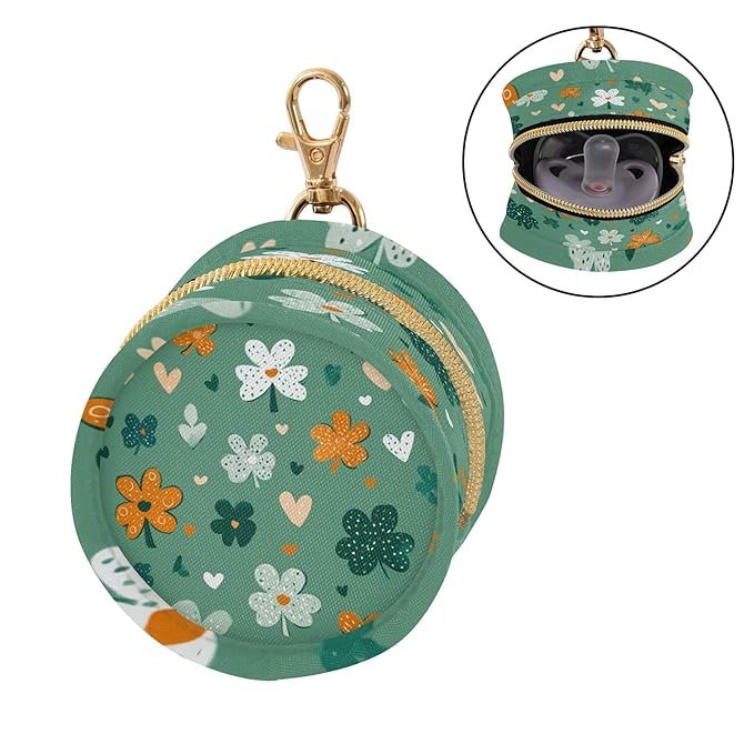 Pacifier Holder with Clip Pacifier Case for Diaper Bag Round Baby Pacifier Pouch Box Bag Portable Green Shamrocks Hearts